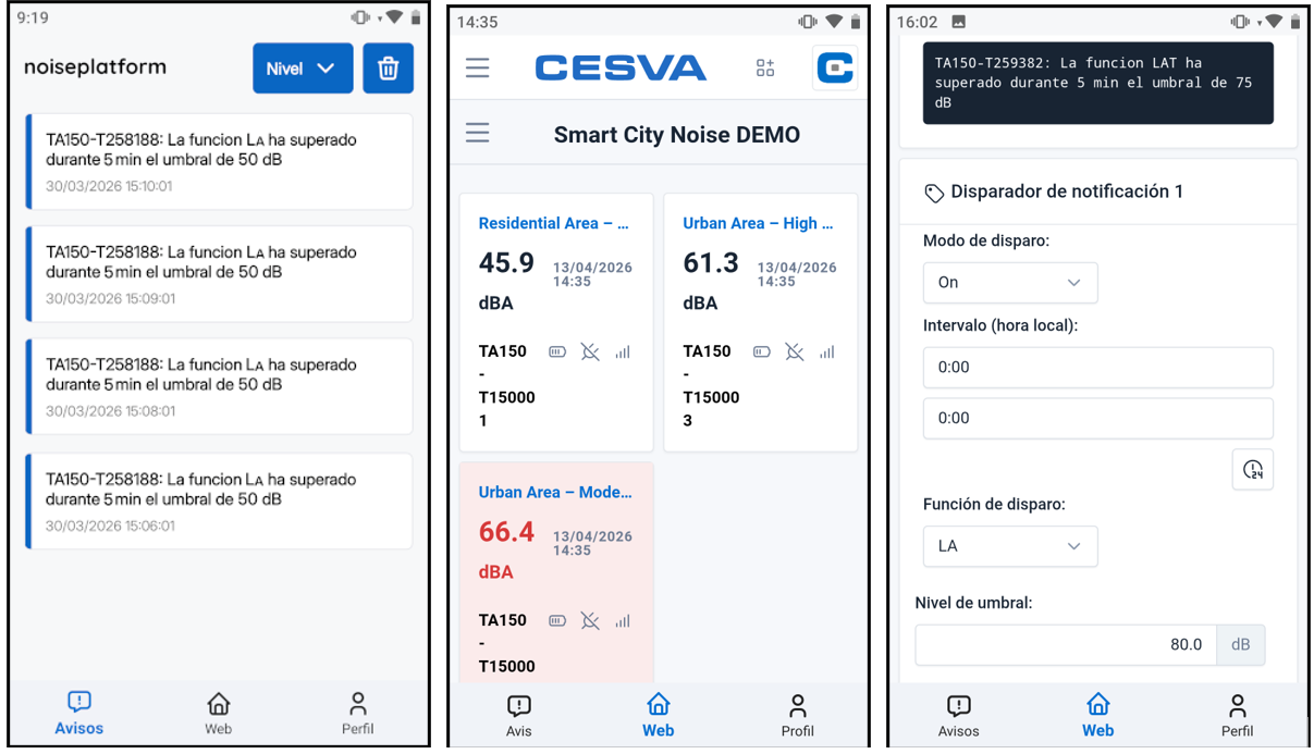 Notificaciones recibidas en la app Noiseplatform para Android, acceso directo a la plataforma y configuración de los disparadores de notificaciones.